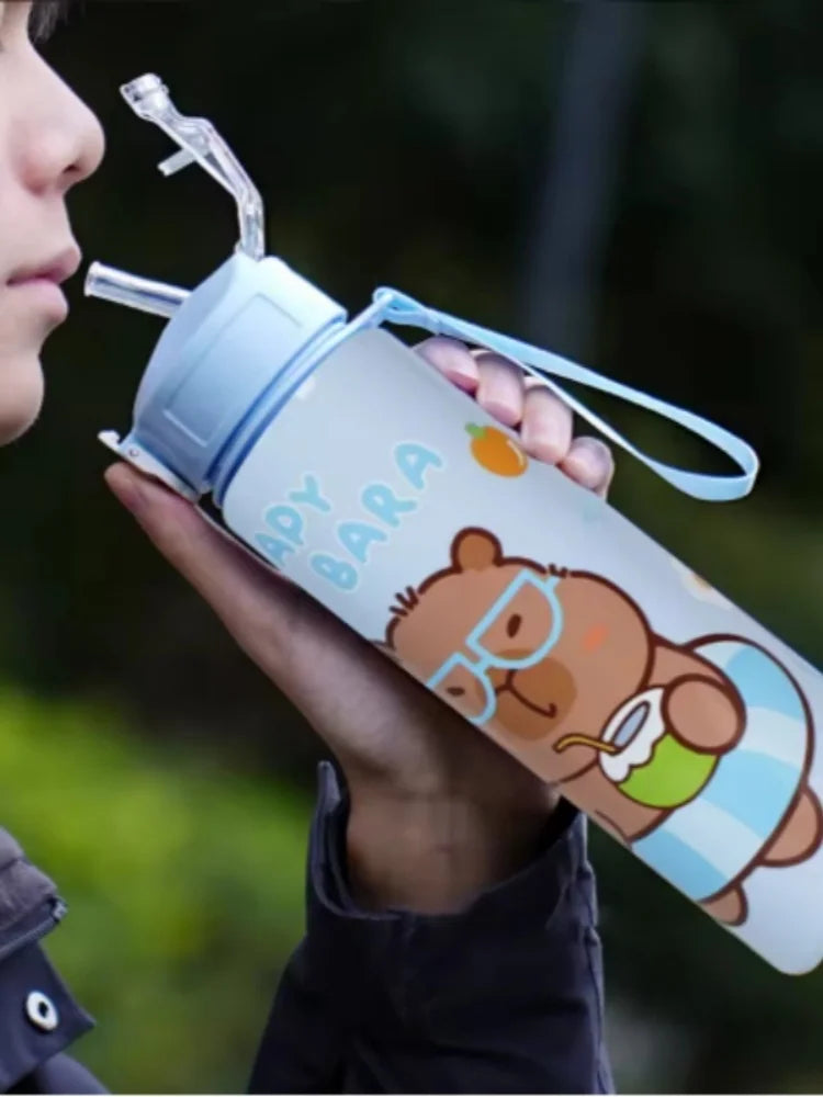 Cute Capybara Water Bottle 700ml Leak Proof Sports Straw Cup