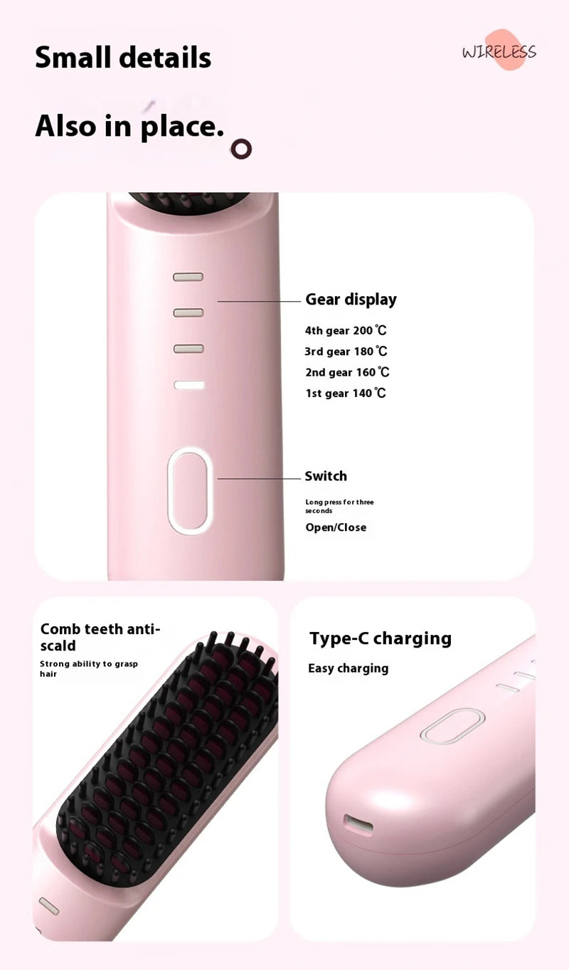 Cordless Ion Care Straight Hair Brush 4-Speed Heated Comb