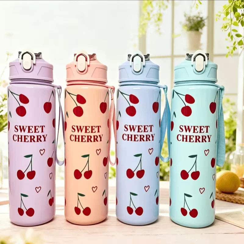750ml Cherry Print Sports Water Bottle with Straw and Carrying Strap