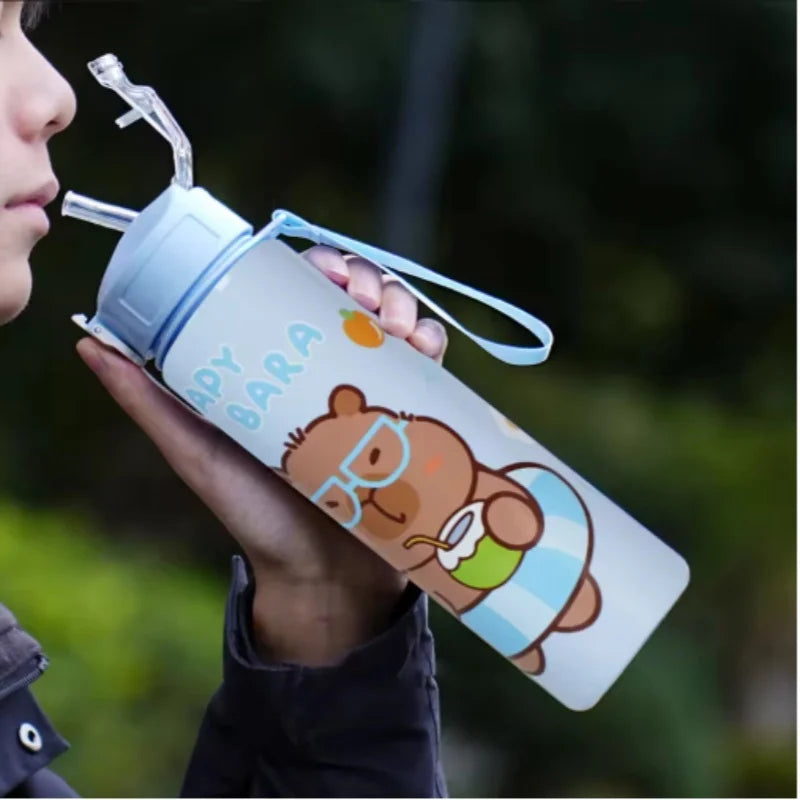 Cute Capybara Water Bottle 700ml Leak Proof Sports Straw Cup