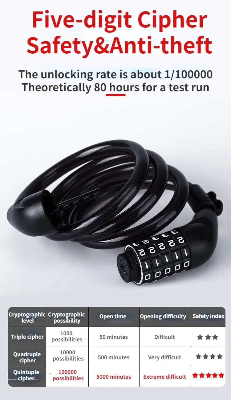 5 Digit Bicycle Cable Lock Anti Theft Bike Security Password Coil Cable - 11