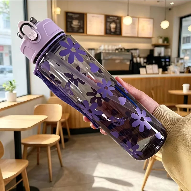 750ml Floral Straw Water Bottle Aesthetic Sport Cup with Carry Handle