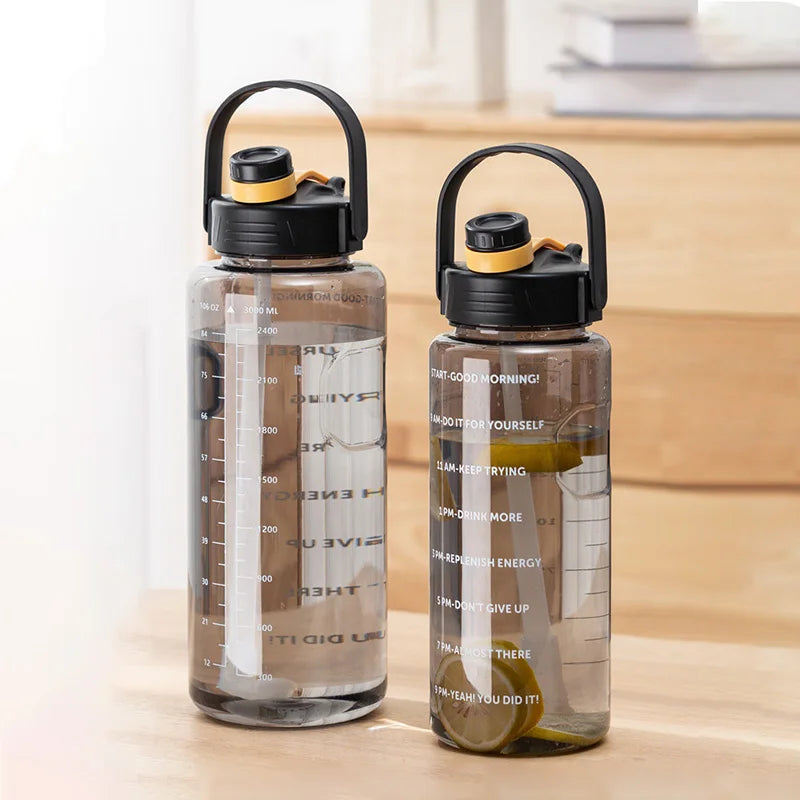 Large Capacity Sports Water Bottle with Straw and Time Marker