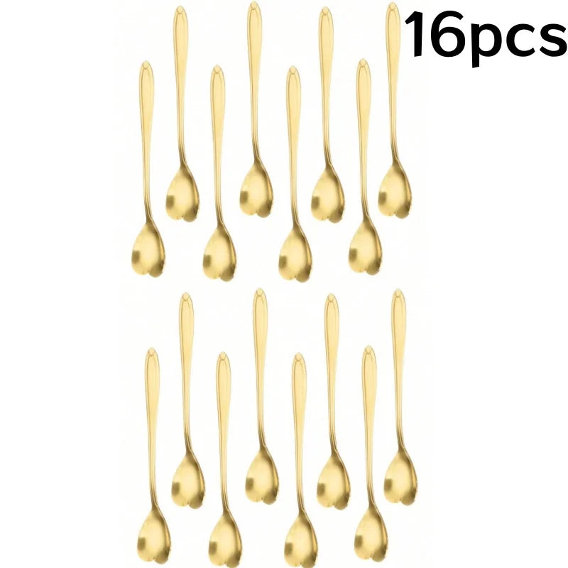 Heart Shape Coffee Spoons Set Stainless Steel Dessert Tea Scoop Gold - 17