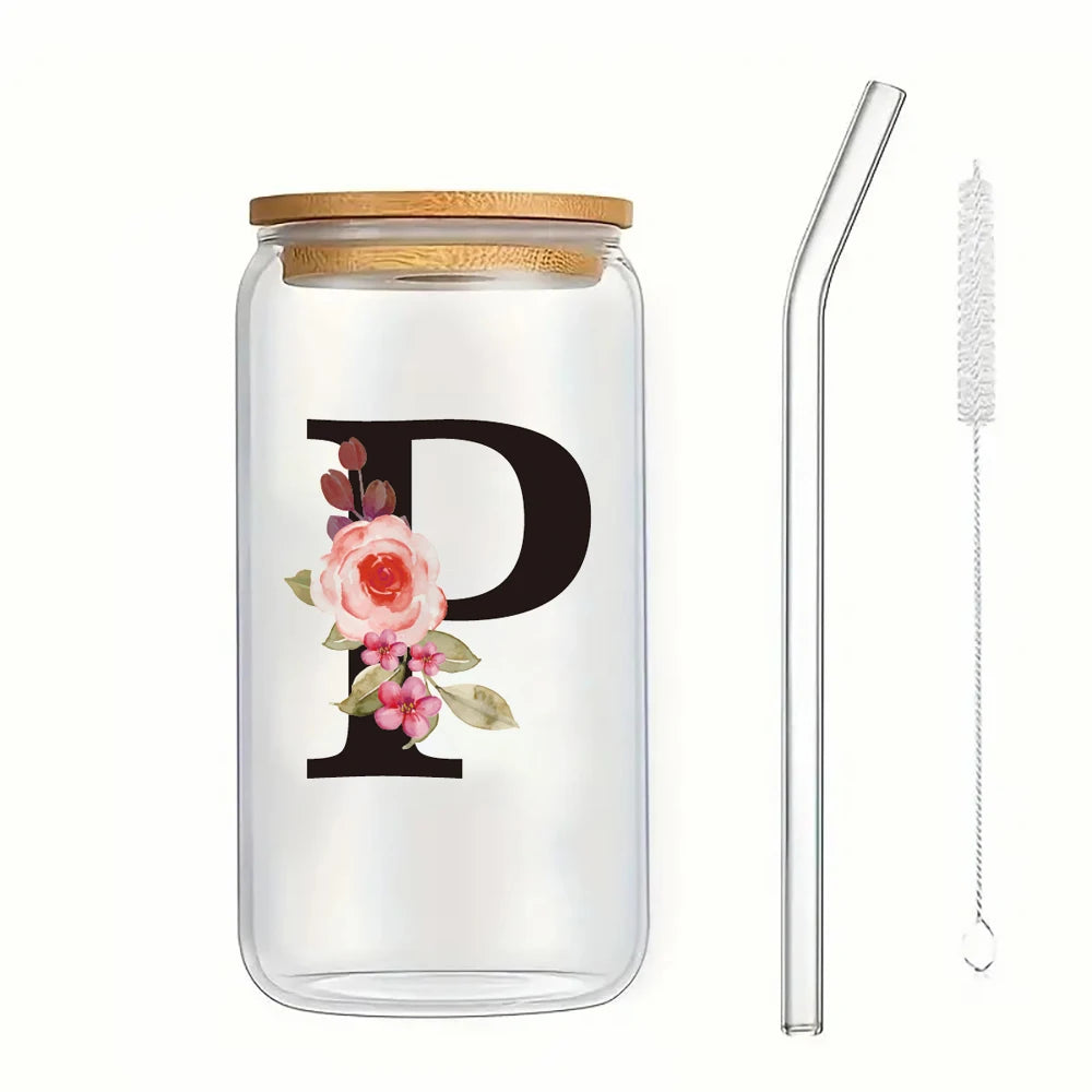 500ml Floral Alphabet Glass Cup with Bamboo Lid and Straw Coffee Mug