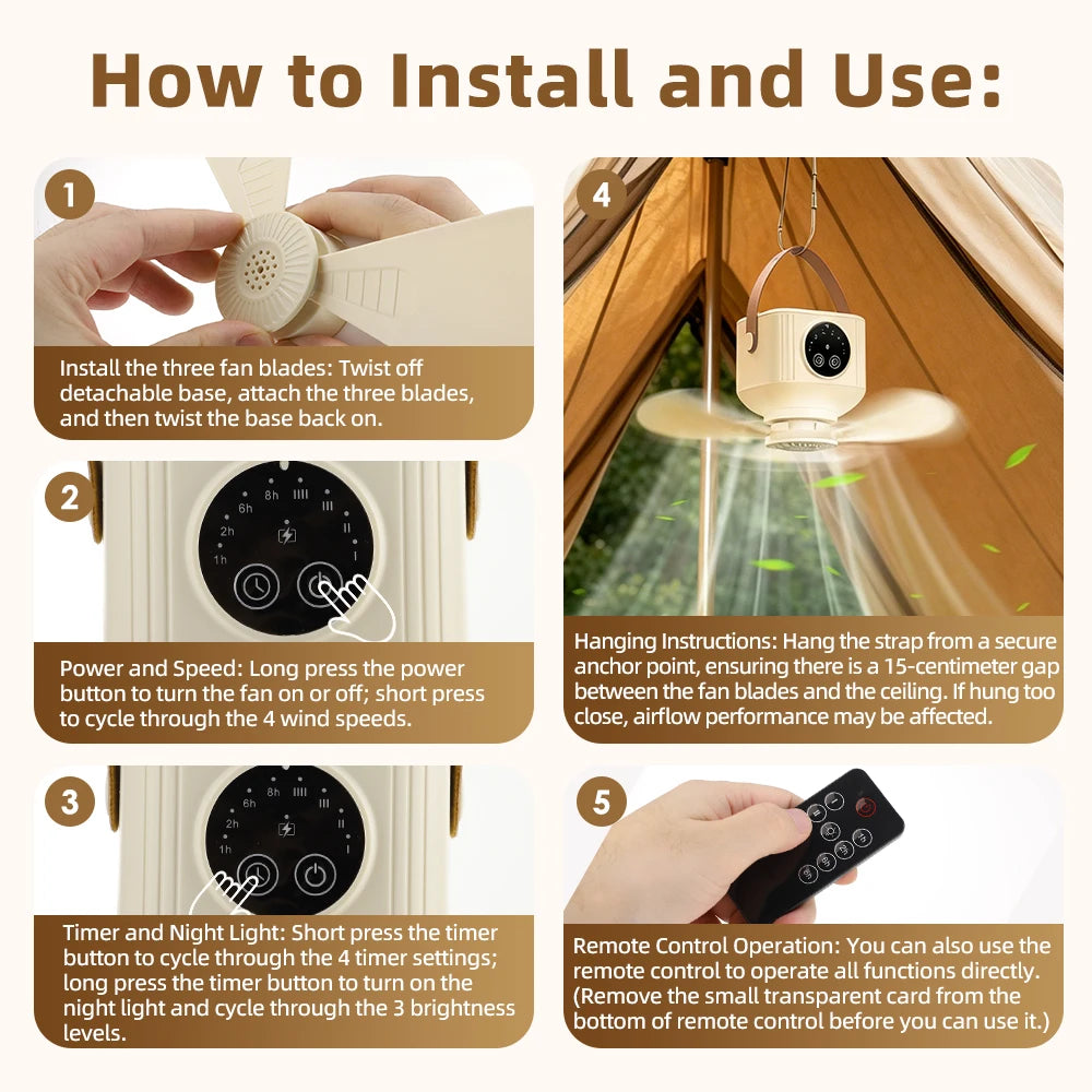 Portable Rechargeable Ceiling Fan with LED Light & Remote Control - 13