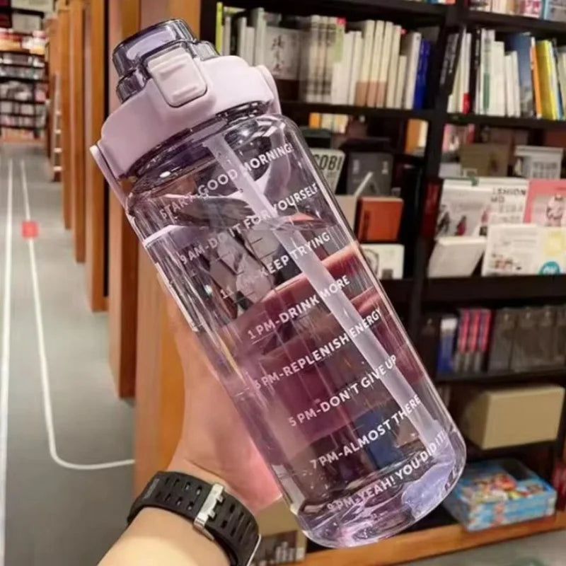 2L Motivational Water Bottle with Straw Time Marker Fitness Sports Jug