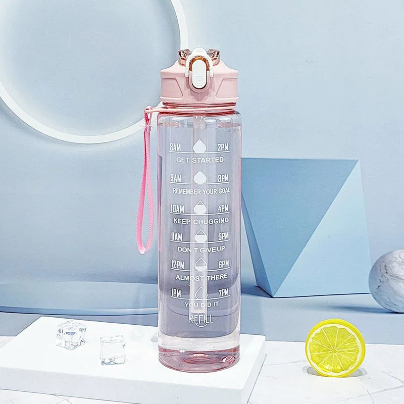 Motivational Sports Water Bottle with Time Marker and Leak Proof Straw