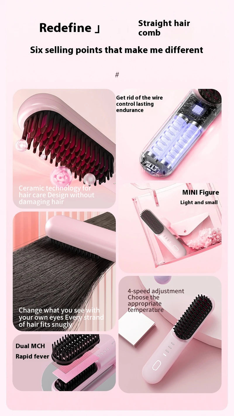 Cordless Ion Care Straight Hair Brush 4-Speed Heated Comb