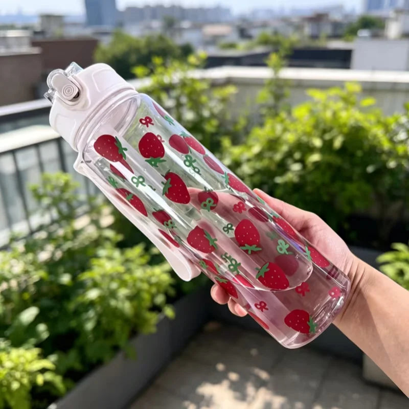 750ml Floral Strawberry Water Bottle Leak Proof Straw Tumbler with Handle - 18