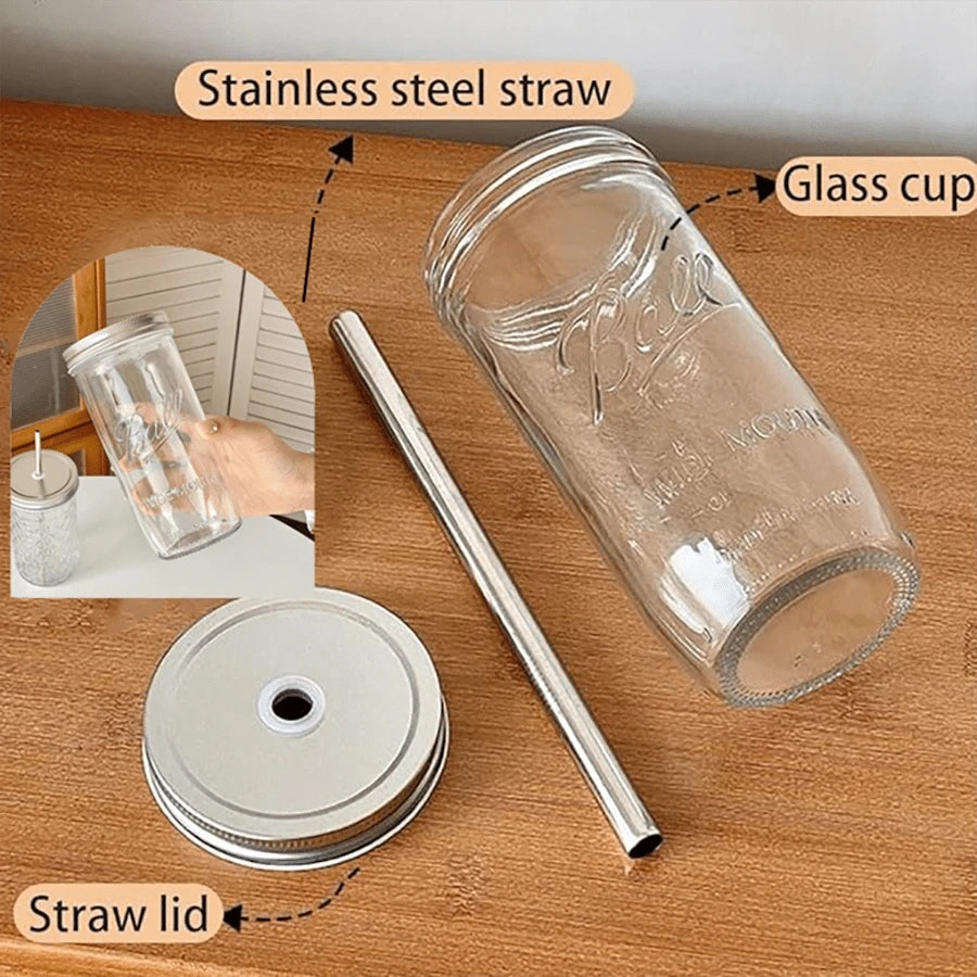 650ml Glass Coffee Cup with Straw and Lid Transparent Iced Drink Mug - 5