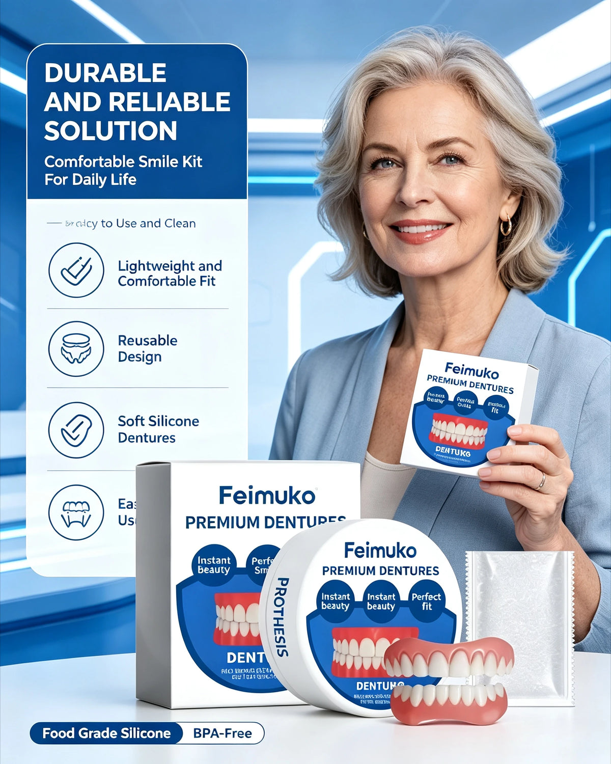 Soft Silicone Snap On Dentures Full Set Instant Comfort Smile Teeth