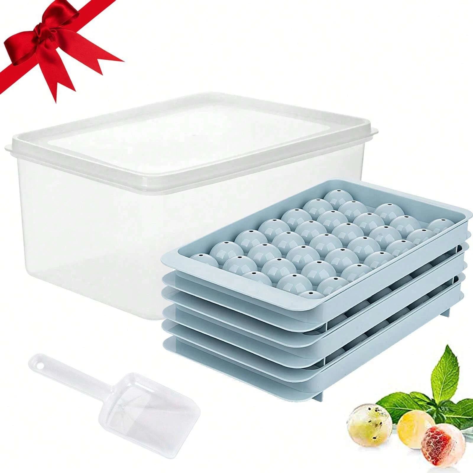 Round Ice Cube Tray Set with Storage Bin and Scoop for Whiskey Cocktail - 1
