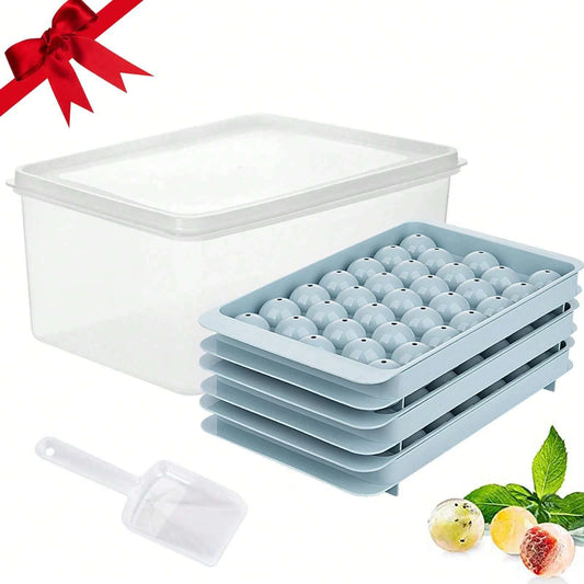 Round Ice Cube Tray Set with Storage Bin and Scoop for Whiskey Cocktail
