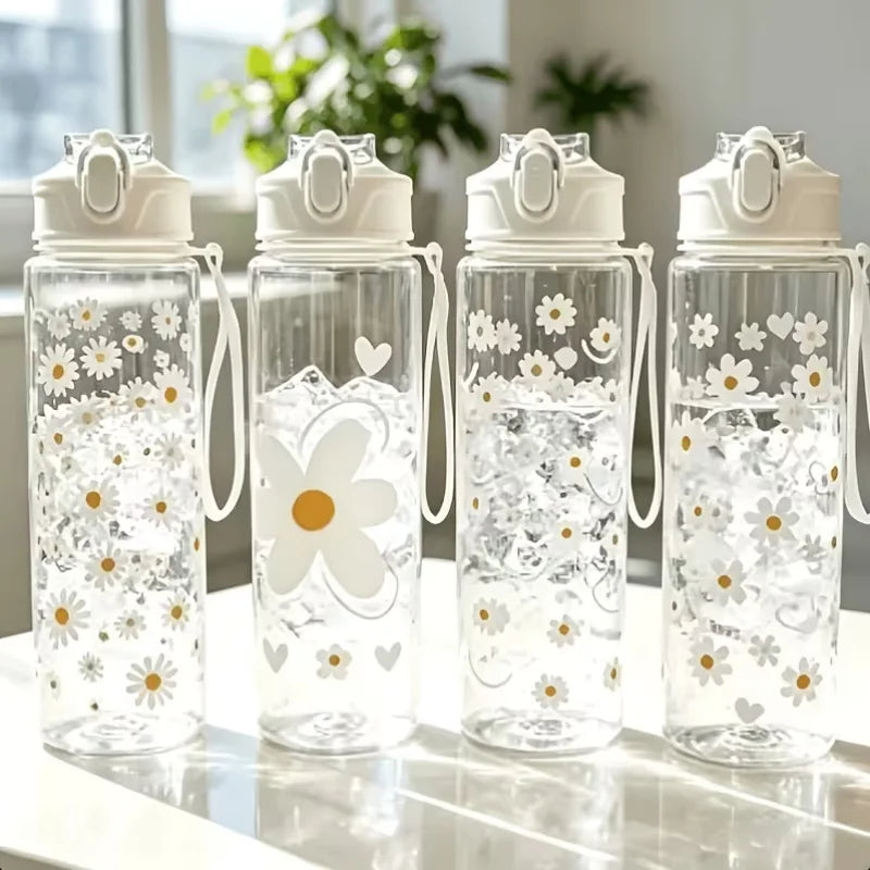750ml Daisy Print Water Bottle Leak-Proof Portable Straw Cup - 1