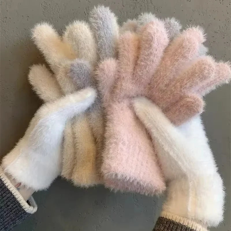 Women Winter Plush Warm Gloves Soft Five Finger Cold Proof Mittens - 7