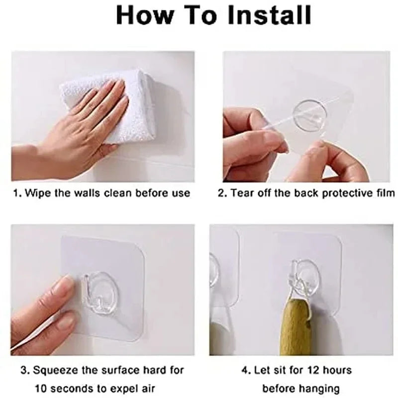 Adhesive Wall Hooks Heavy Duty Clear Non Marking Hangers Set