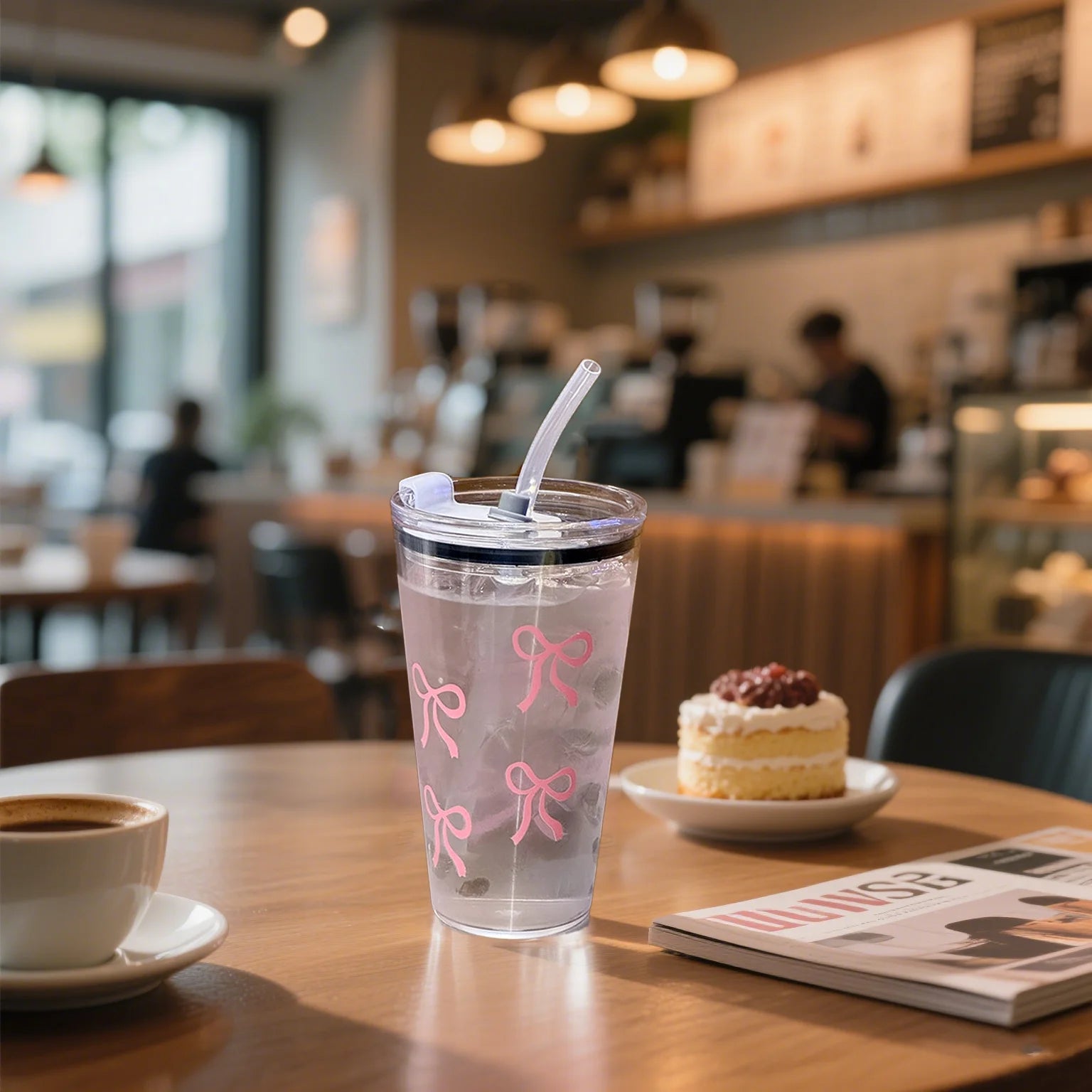 Pink Bow Plastic Tumbler with Straw and Lid Transparent Drink Mug - 9