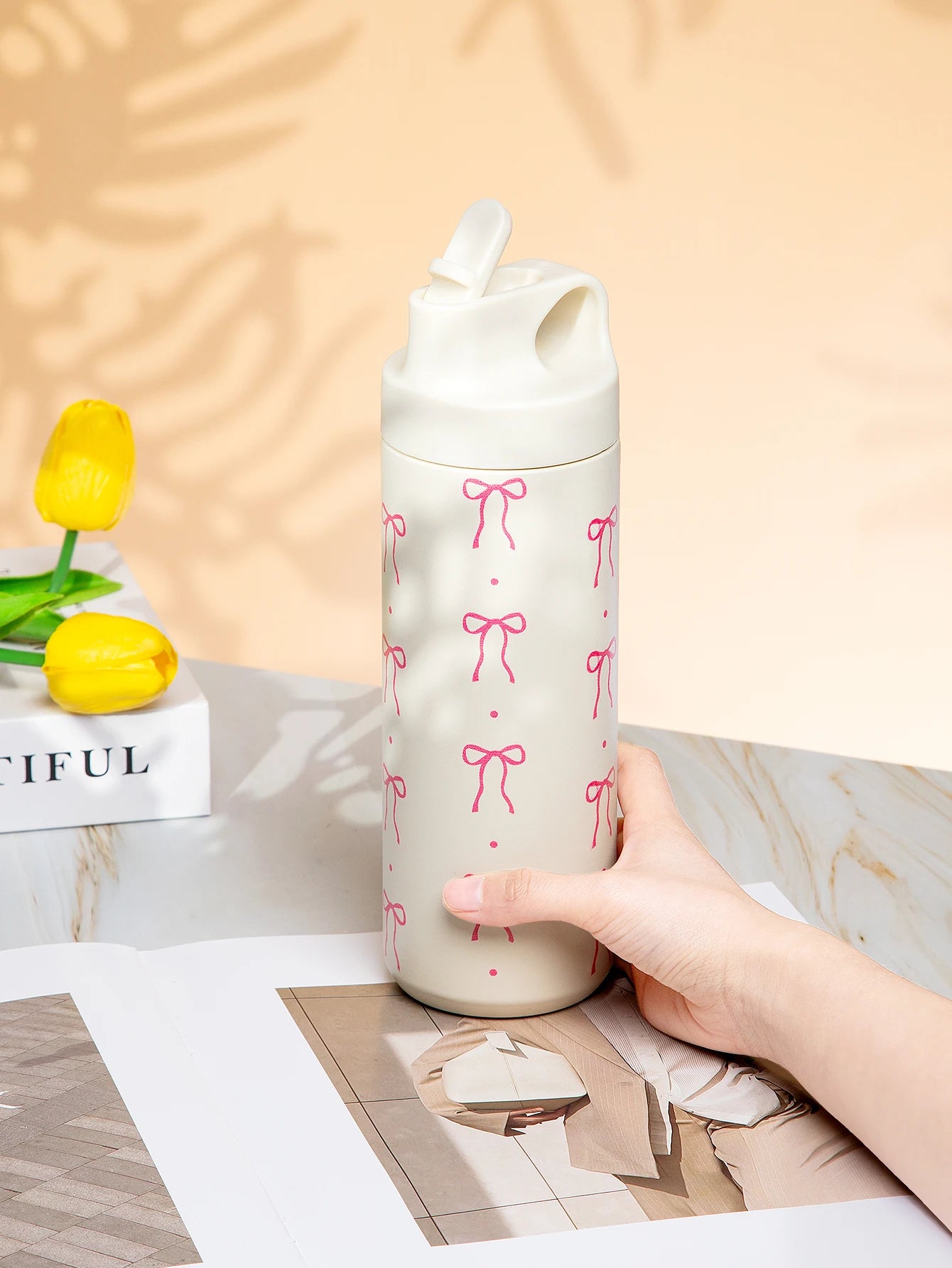 500ml Bow Print Insulated Stainless Steel Tumbler Cup with Straw - 10