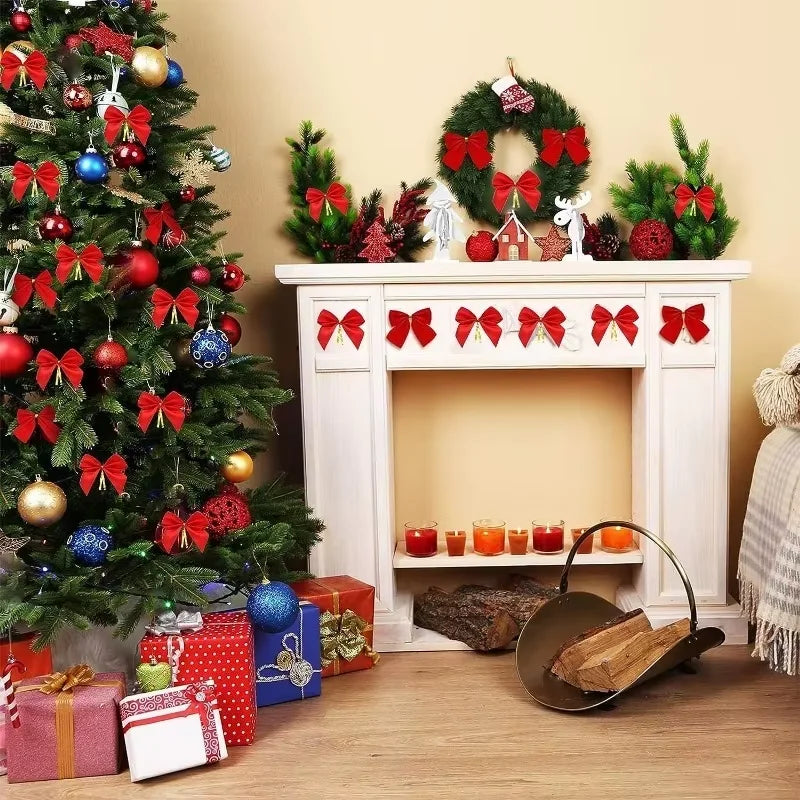 Small Christmas Bow Decorations Set Tree Ornaments Holiday Gift Decor