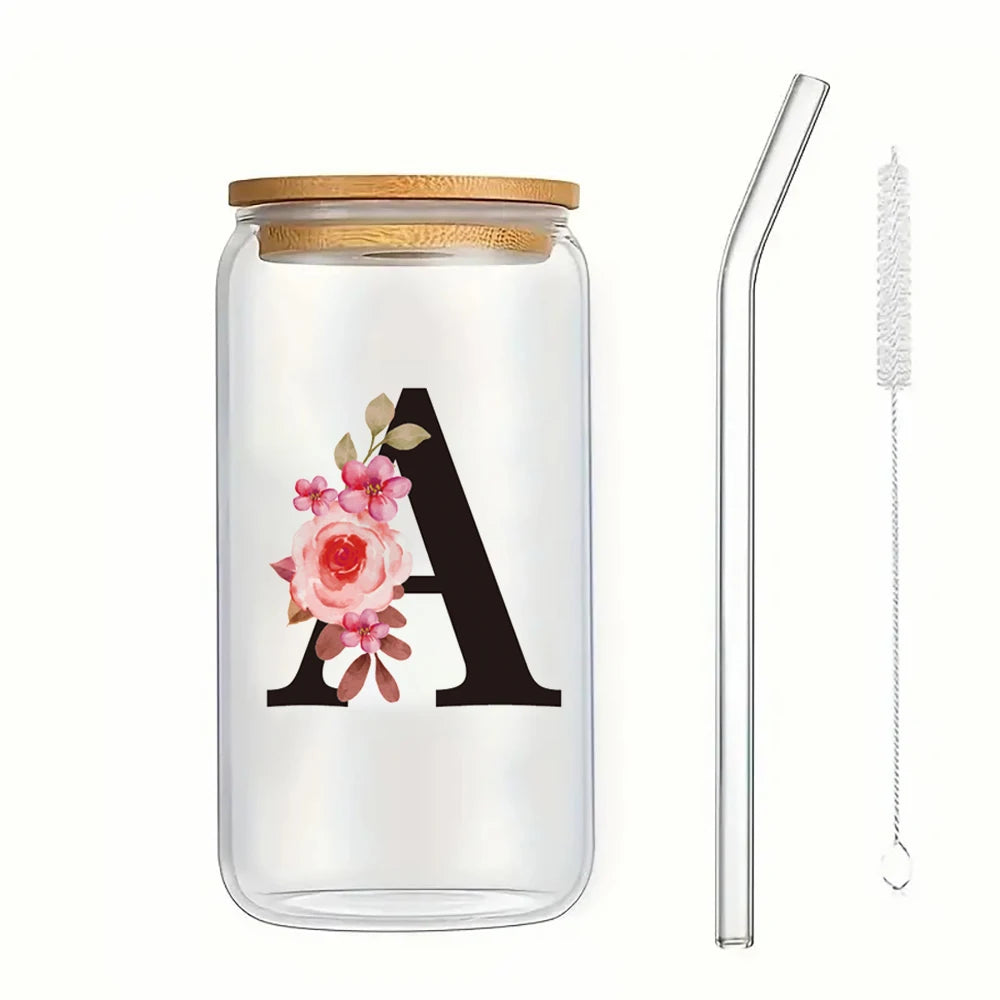 500ml Floral Alphabet Glass Cup with Bamboo Lid and Straw Coffee Mug