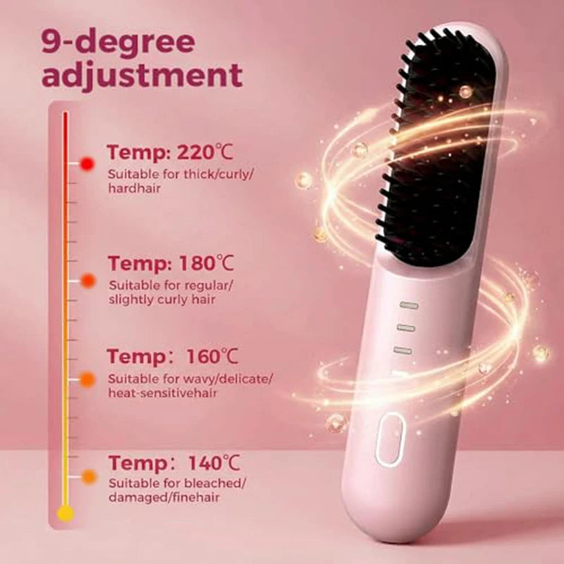 Cordless Ion Care Straight Hair Brush 4-Speed Heated Comb