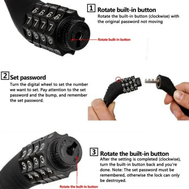 4-Digit Bicycle Cable Lock Anti-Theft MTB Combination Security Lock - 5