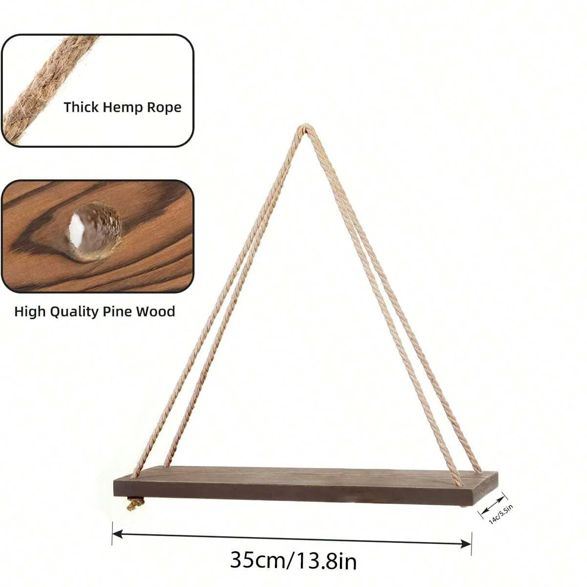 Wooden Hanging Wall Shelf Floating Rope Decor for Plants and Storage - 4