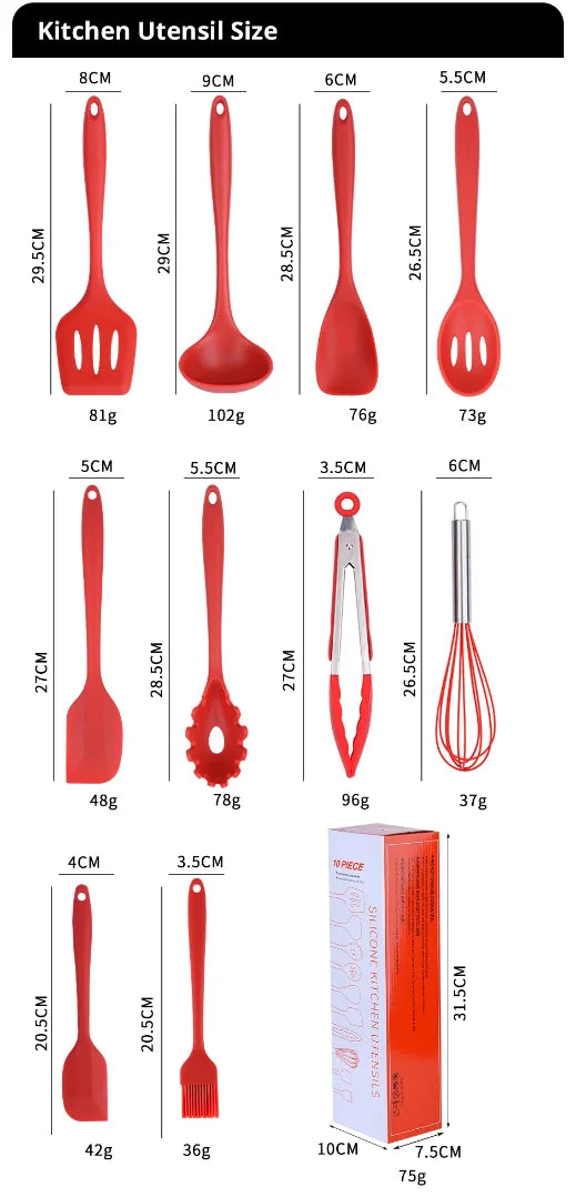 10 Piece Silicone Kitchen Utensil Set Nonstick Heat Resistant Cookware - 14