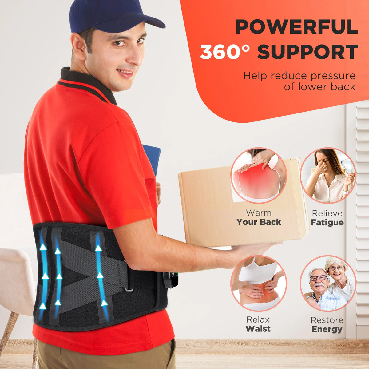 Cordless Heated Back Massager Belt with Vibration and Red Light