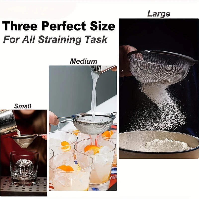 3pc Stainless Steel Fine Mesh Strainer Set Flour Sifter Kitchen Tool