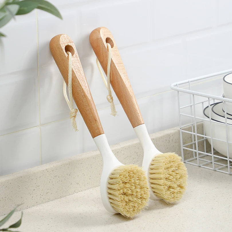 Long Handle Wooden Dish Brush Beech Bowl Scrubbing Brush for Kitchen