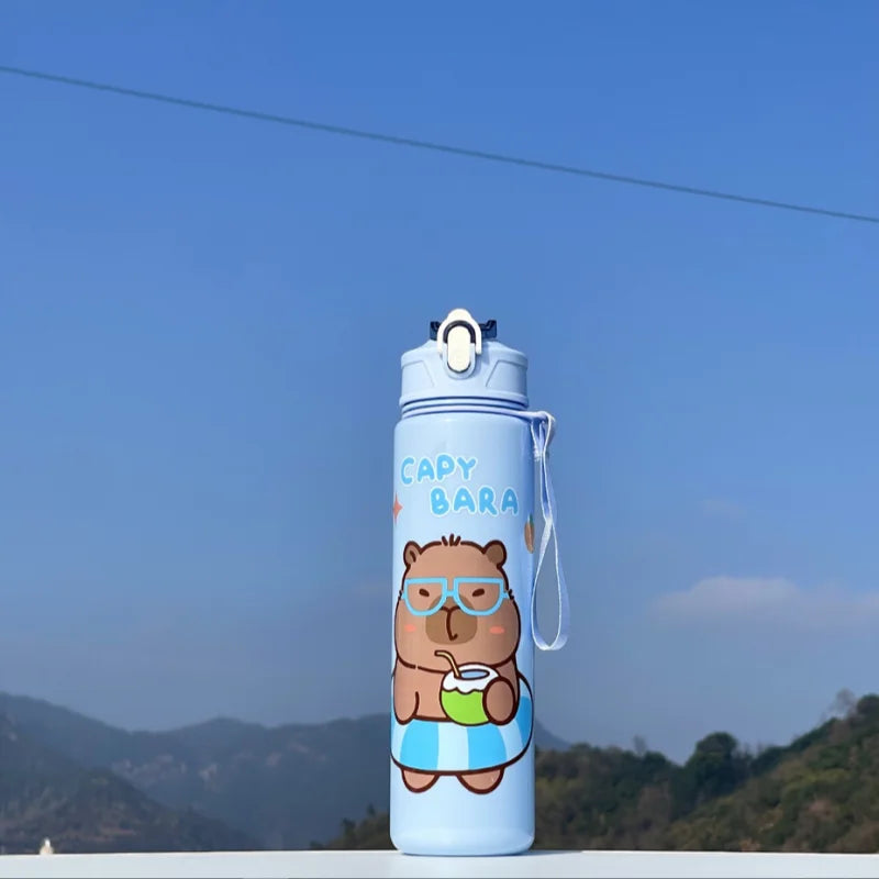 Cute Capybara Water Bottle Large Capacity Sports Cup with Straw and Strap