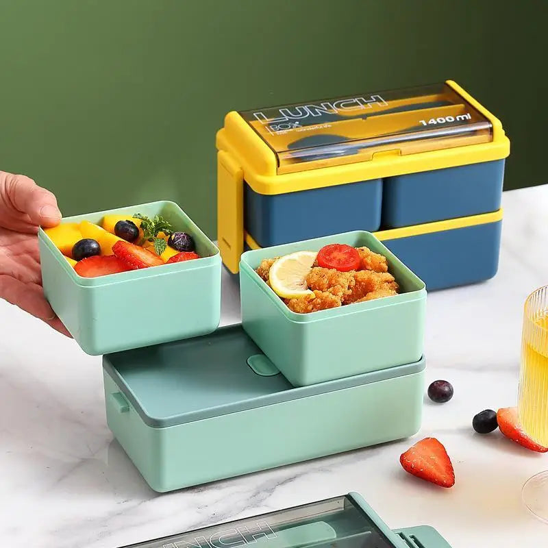 Double Layer Bento Lunch Box Leakproof Food Container with Cutlery Set - 2