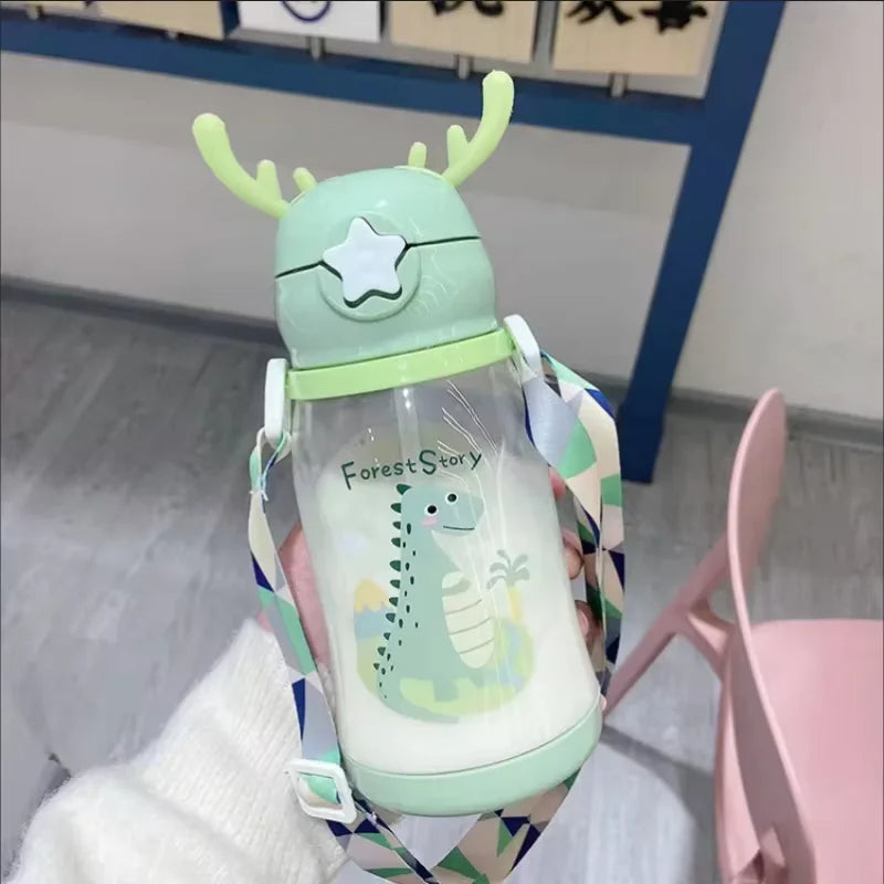 Kids Antler Straw Water Bottle Cute Cartoon Drinking Cup 600ml - 14
