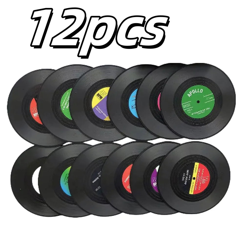 Retro Vinyl Record Coasters Set for Drinks Table Decor 6 or 12 Pack