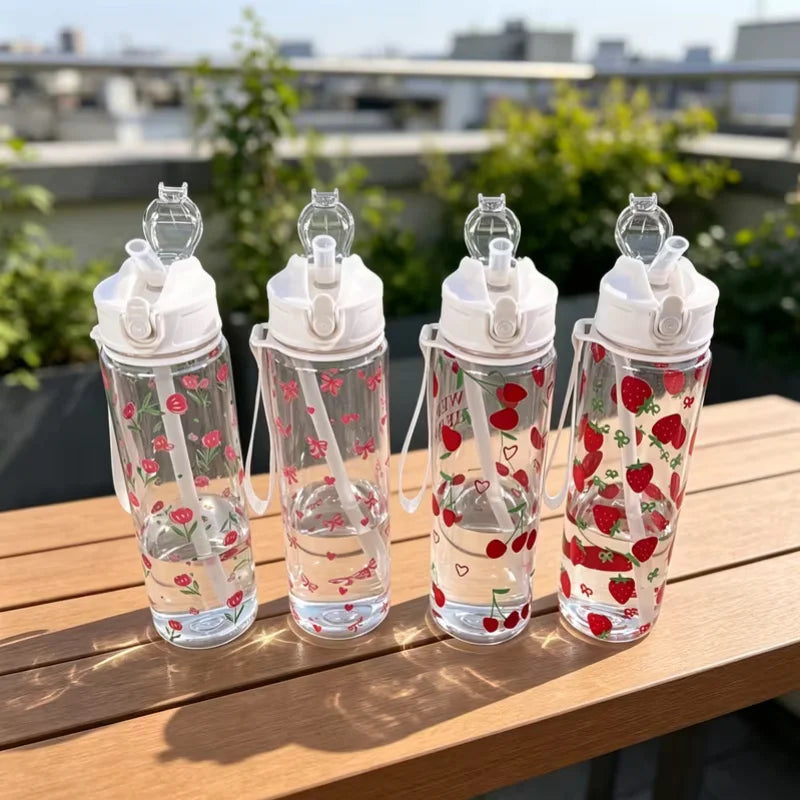 750ml Floral Strawberry Water Bottle Leak Proof Straw Tumbler with Handle
