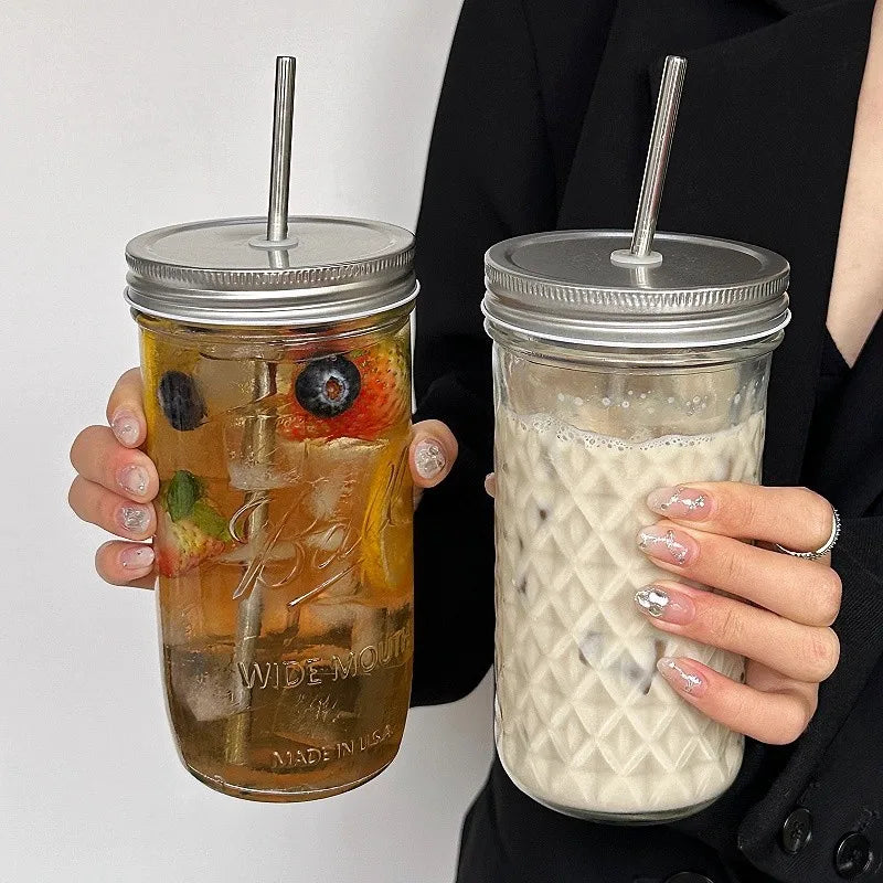 650ml Glass Coffee Cup with Straw and Lid Transparent Iced Drink Mug